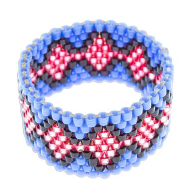 Blue Wavelengths,'Handcrafted Beaded Wide Band Ring'