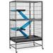 Hammered Black Rolling Metal Small Animal Cage with Removable Ramp, 31" L X 20" W X 54" H, 46.3 LBS, Black / Blue