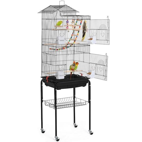 topeakmart-black-metal-bird-cage-with-ladder-toy-and-rolling-detachable-stand,-62.4"-h,-17.8-lbs/
