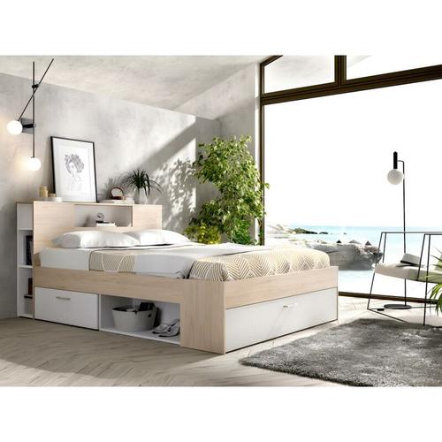 Bett mit Stauraum & Schubladen – 140 x 190 cm – Weiß & Naturfarben – leandre – Naturfarben hell,