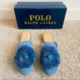 Polo By Ralph Lauren Shoes | Beautiful Blue Suede Comfortable Round Toe Mules W Blue Raffia Accent Size 8.5 | Color: Blue | Size: 8.5