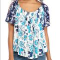 Free People Tops | New Free People Baja Babe Floral Blue Open Back Boho Top Small Cold Shoulder | Color: Blue/White | Size: S