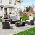 Lark Manor™ Amei 4 Piece Wicker Complete Patio Set w/ Cushions Synthetic Wicker/All - Weather Wicker/Wicker/Rattan in Brown | Wayfair