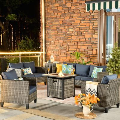 OVIOS 5-piece Patio Loveseat Wicker Set with 30" Fire Pit
