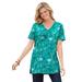 Plus Size Women's Perfect Printed Short-Sleeve Shirred V-Neck Tunic by Woman Within in Pretty Jade Jacquard Floral (Size 5X)