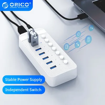 ORICO – HUB USB à 7 Ports avec adaptateur d'alimentation 12V chargeur BC1.2 séparateur USB 3.0