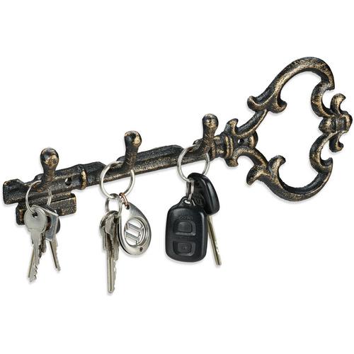 1 x Schlüsselbrett, 3 Haken, dekorative Schlüsselform, Gusseisen, Vintage, Shabby, hbt: 12,5 x 33 x