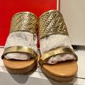 Coach Shoes | Coach Steffi Mirror Metallic Dark Gold Sandal Heels Size 7.5 B | Color: Gold | Size: 7.5