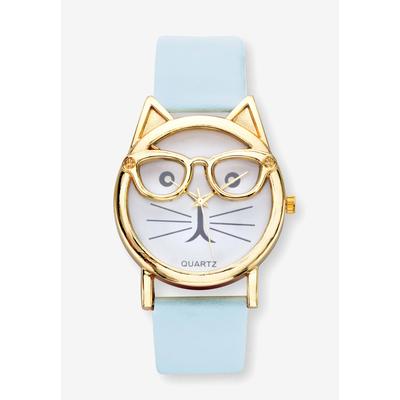 Women's Gold Tone Bowtie Cat Watch with Adjustable Light Blue Strap, 8" by PalmBeach Jewelry in Crystal