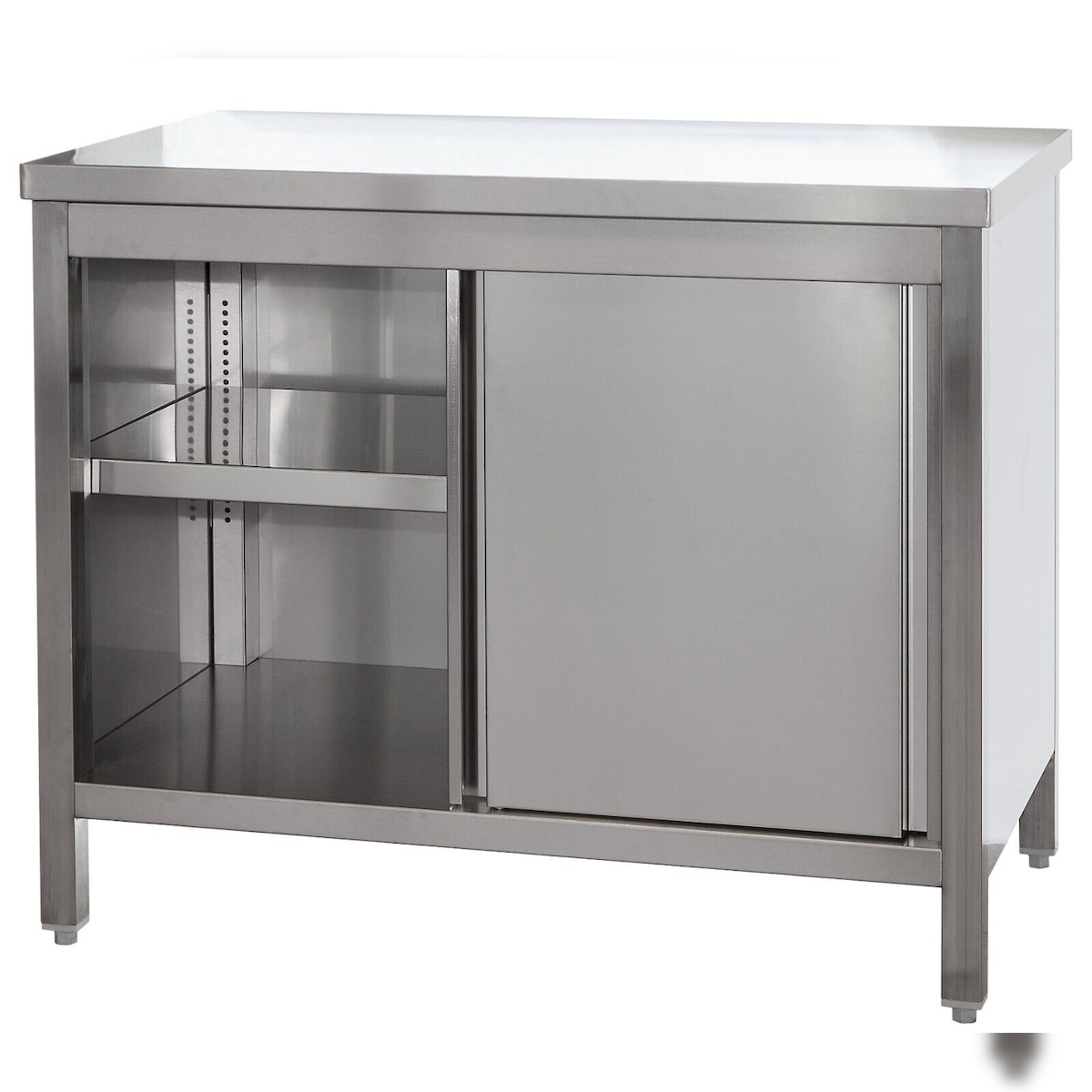 Gastro Arbeitsschrank mit Grundboden, Schiebetüren und Zwischenboden Chromstahl (BxT) 2900 x 800 mm Image