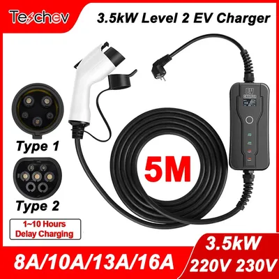 Teschev 110V 230V level 2 chargeur ev type 2 16A single phase wallbox portable ev charging type2