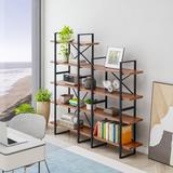 17 Stories 71.06" H x 70.86" W Iron Etagere Bookcase in Black/Brown/Yellow | 56.3 H x 70.87 W x 12.52 D in | Wayfair