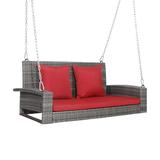 Costway 2-Person Patio PE Wicker Hanging Porch Swing Bench Chair Cushion 800 Pounds-Red
