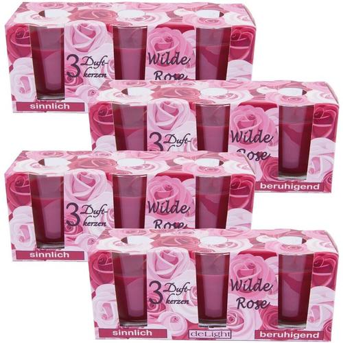 Duftkerzen Classic 12er Pack im Glas, lange Brenndauer und angenehmer Duft ( Wilde Rose ) - Rosa