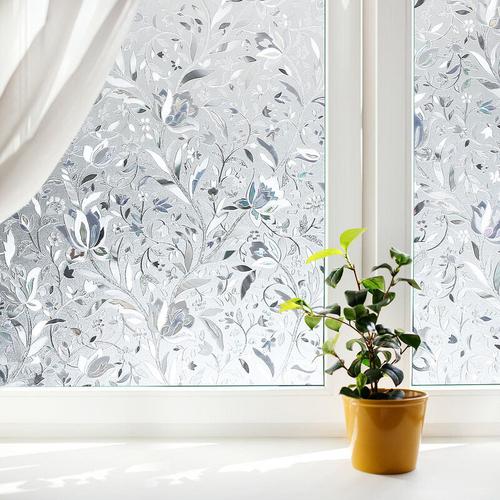 Sichtschutzfolie 3D Fensterfolie Selbstklebend Spiegelfolie Sonnenschutzfolie Blumen 60200cm - Weiß