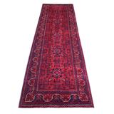 Shahbanu Rugs Deep and Saturated Red Velvety Wool Hand Knotted Afghan Khamyab Geometric Design Runner Oriental Rug (2'8" x 9'5")