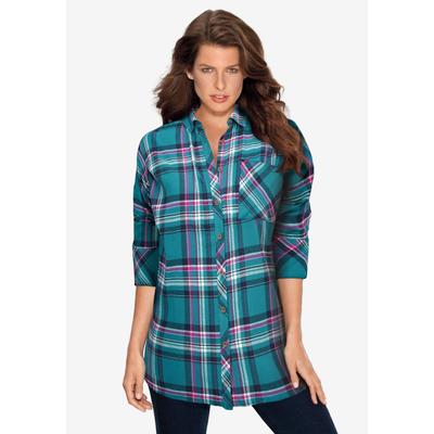 Plus Size Women's Plaid Flannel Tunic by Roaman's in Teal Plaid (Size 42 W) Plaid Shirt