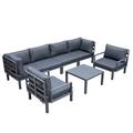 LeisureMod Hamilton 7-Piece Aluminum Patio Conversation Set With Coffee Table And Cushions in Black - LeisureMod HSTBL-7BL
