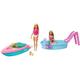 Barbie GRG30 - Puppe und Boot mit Hündchen und Zubehör, Treibt im Wasser, Geschenk für Kinder von 3 bis 7 Jahren & GHL91 - Pool mit Rutsche und Puppe (blond) Spielset, Puppenzubehör, ab 3 Jahren