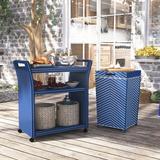 Wildon Home® Aalderk Faux Wicker 2-Piece Outdoor Bar Cart & Outdoor Towel Hamper Set Plastic in Blue/White | 37.37 H x 35.75 W in | Wayfair