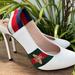 Gucci Shoes | Gucci White Sylvie Leather Bee Embroidered Web Detail Slingback Pumps Eu 38 | Color: Red/White | Size: 7.5