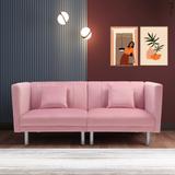 70" Wide Modern Velvet / Fabric Tight Back Adjustable Sofa Twin Size Sleeper with Metal Leg, 2 Pillows Included