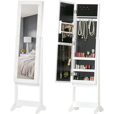 Free Standing led Mirrored Jewelry Cabinet Armoire Floor Organiser - White - Homcom