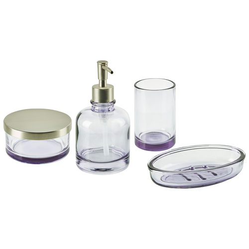 4-teiliges Badezimmer-Set Glas Violett Seifenspender Seifenschale Zahnbürstenhalter Becher Eleganter Moderner Stil Badzubehör für WC Toilette