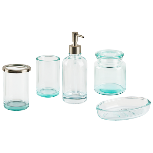 5-teiliges Badezimmer-Set aus Glas Mintgrün Seifenspender Seifenschale Zahnbürstenhalter Becher Moderner Stil Badzubehör für WC Toilette