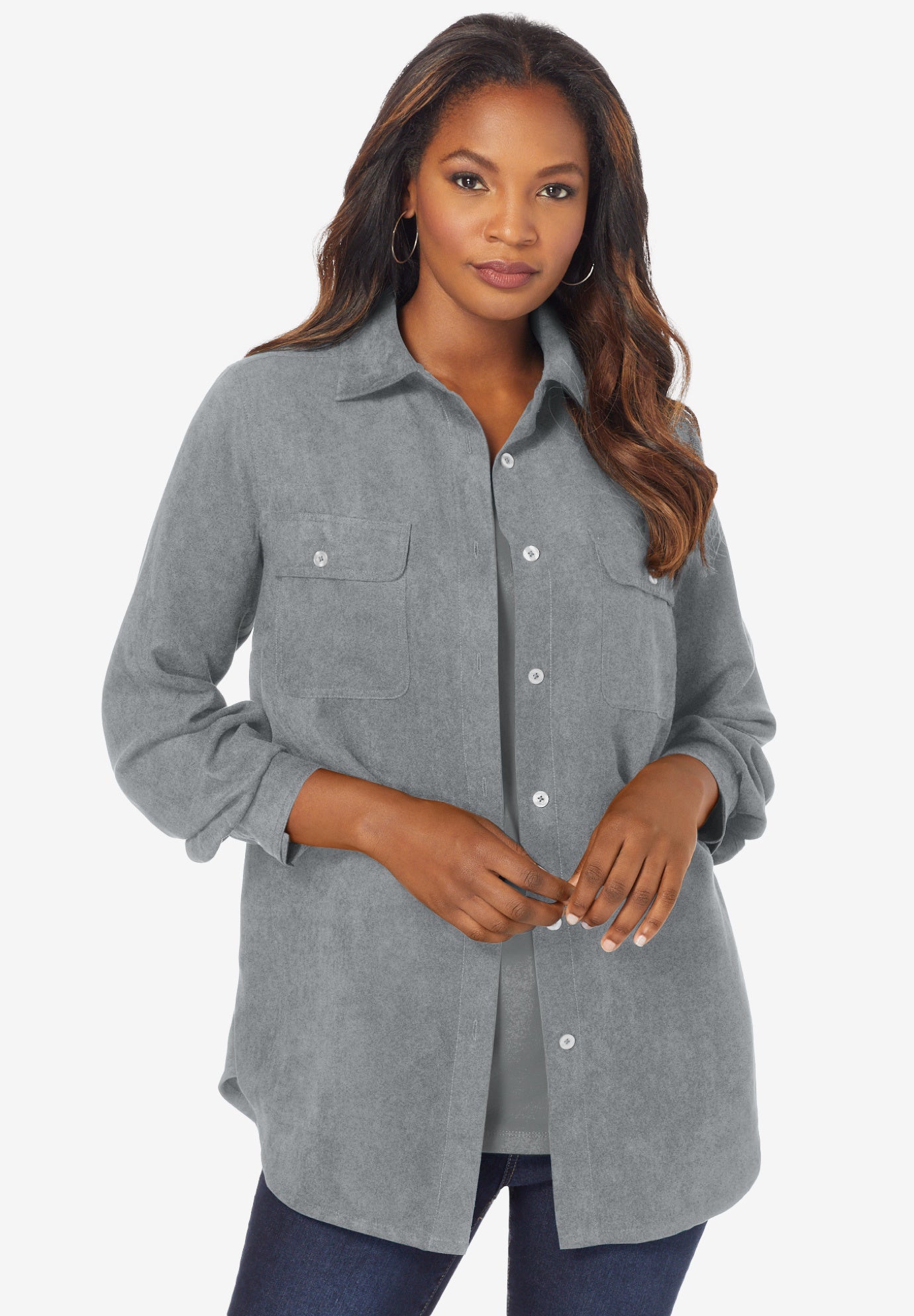 Plus Size Women's Faux Suede Button-Front Shirt by Roaman's in Gunmetal (Size 36 W) Button Down