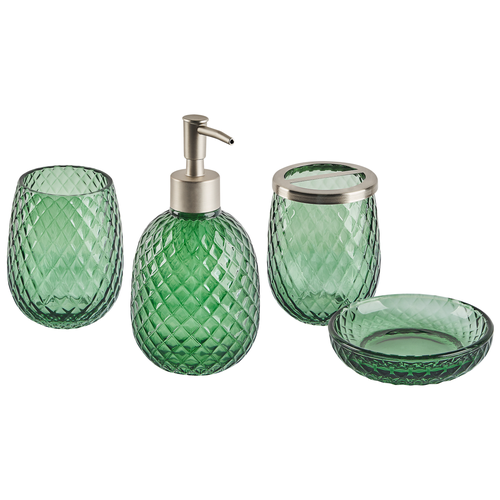 4-teiliges Badezimmer-Set Glas in Grün Seifenspender Seifenschale Zahnbürstenhalter Becher Eleganter Moderner Stil Badzubehör für WC Toilette