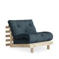 Fauteuil convertible 90x200cm en bois naturel et tissu bleu pétrole