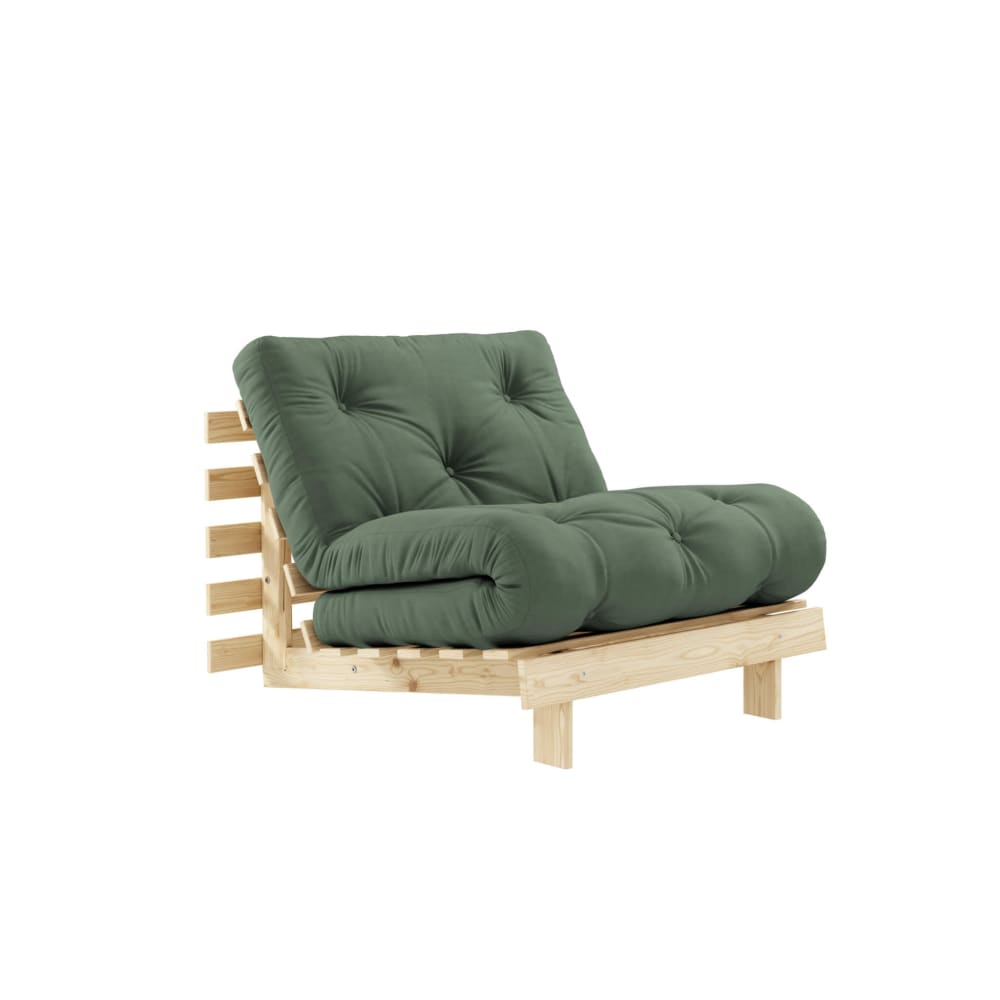 Canapé convertible en pin massif avec futon kaki 90x200