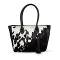 ARTISTIC DECOR Genuine Hair On Leather Front Tote Bag Cowhide Fur Bag Shoulder Bag Leather Handle Bag Cowhide Purse Tassel Tote Bag (Black and White)