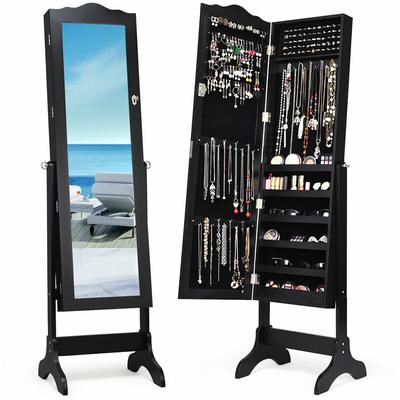Free-Standing Jewelry Cabinet Lockable Jewelry Shelf w/ Angle Adjustable Mirror