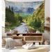 East Urban Home Silky Satin Fabric Woodland Mountain Landscape Road Cloudy Sky Pine Trees Forest Summer Rainy Day Scene Decor Tapestry Metal | Wayfair