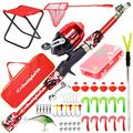 DaddyGoFish Kids Fishing Pole – Telescopic Rod & Reel Combo with Collapsible Chair, Rod Holder, Tackle Box, Bait Net and Carry Bag for Boys and Girls - Red, 5ft