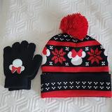 Disney Accessories | Disney Minnie Mouse Girls Beanie And Glove Set | Color: Black/Red | Size: Osbb