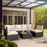 Latitude Run® Arwynn 7 Piece Rattan Sectional Seating Group w/ Cushions Synthetic Wicker/All - Weather Wicker/Wicker/Rattan in Black | Outdoor Furniture | Wayfair