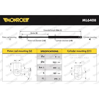 MONROE Gasfeder, Koffer-/Laderaum 590N für AUDI 8U0827552B ML6408 Image