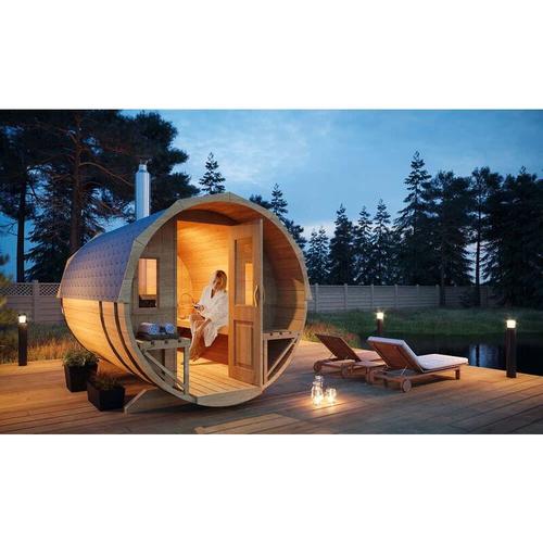 Finntherm – Fass-Sauna Sam, Premium-Thermoholz, inkl. Elektro-Ofen (6 kW) – Naturbelassen