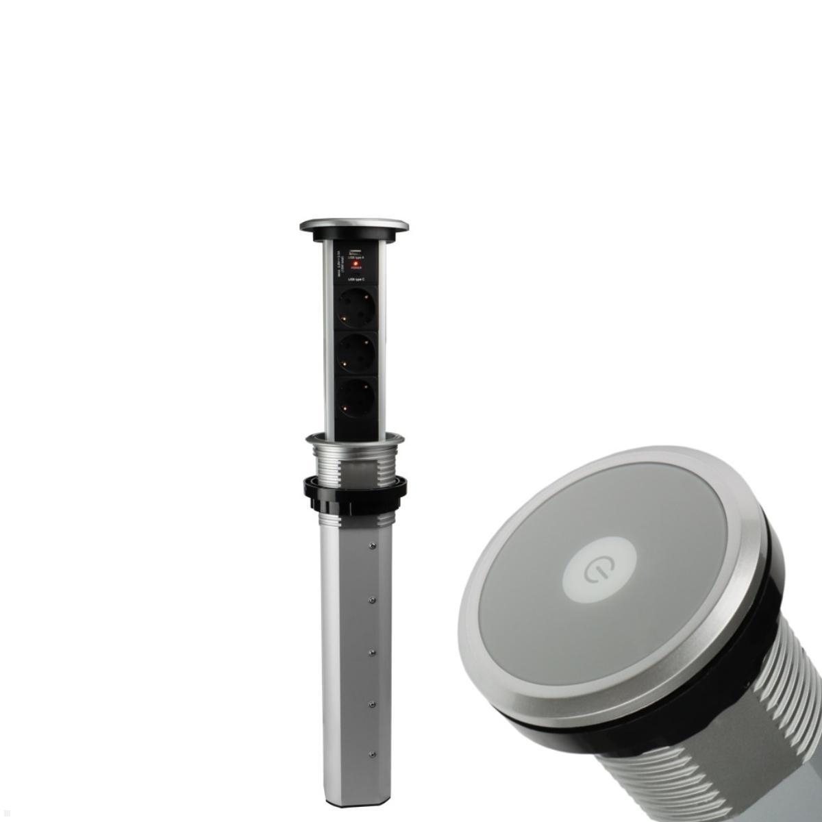 TecLines TVS007S versenkbare 3-fach Steckdosenleiste mit USB-Charger A/C, silber Image