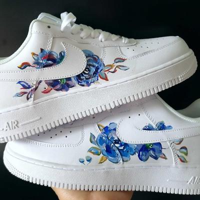 Nike Shoes | Floral Nike Af1 Sneakers Hand Drawn On Air Force 1 07 White Women 11 | Color: Blue/White | Size: 11