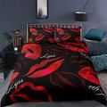 Tomifine Red Sexy Lips Print Duvet Cover, Bedding Set Double Comforter Cover, Sweet Kiss Valentine's Day Room Decor Quilt Cover, Soft Microfiber 2 Pillowcase (King,Red Lips 4)
