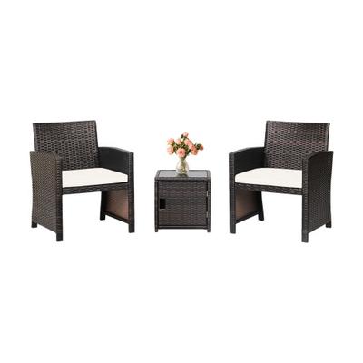Costway 3 Pieces Patio Wicker Furniture Set with Storage Table and Protective Cover-Off White