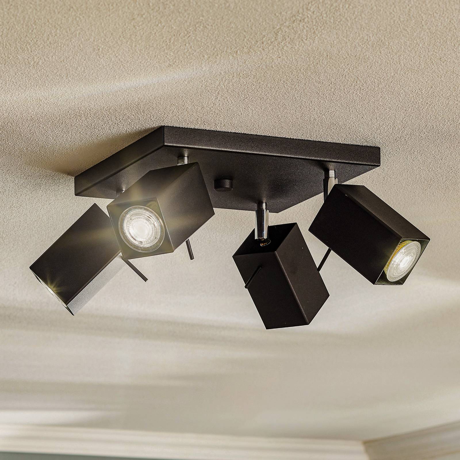 Deckenstrahler Square, schwarz vierflammig Quadrat Square SOLLUX LIGHTING, dimmbar, schwarz, für Wohn- / Esszimmer, Metall, Modern