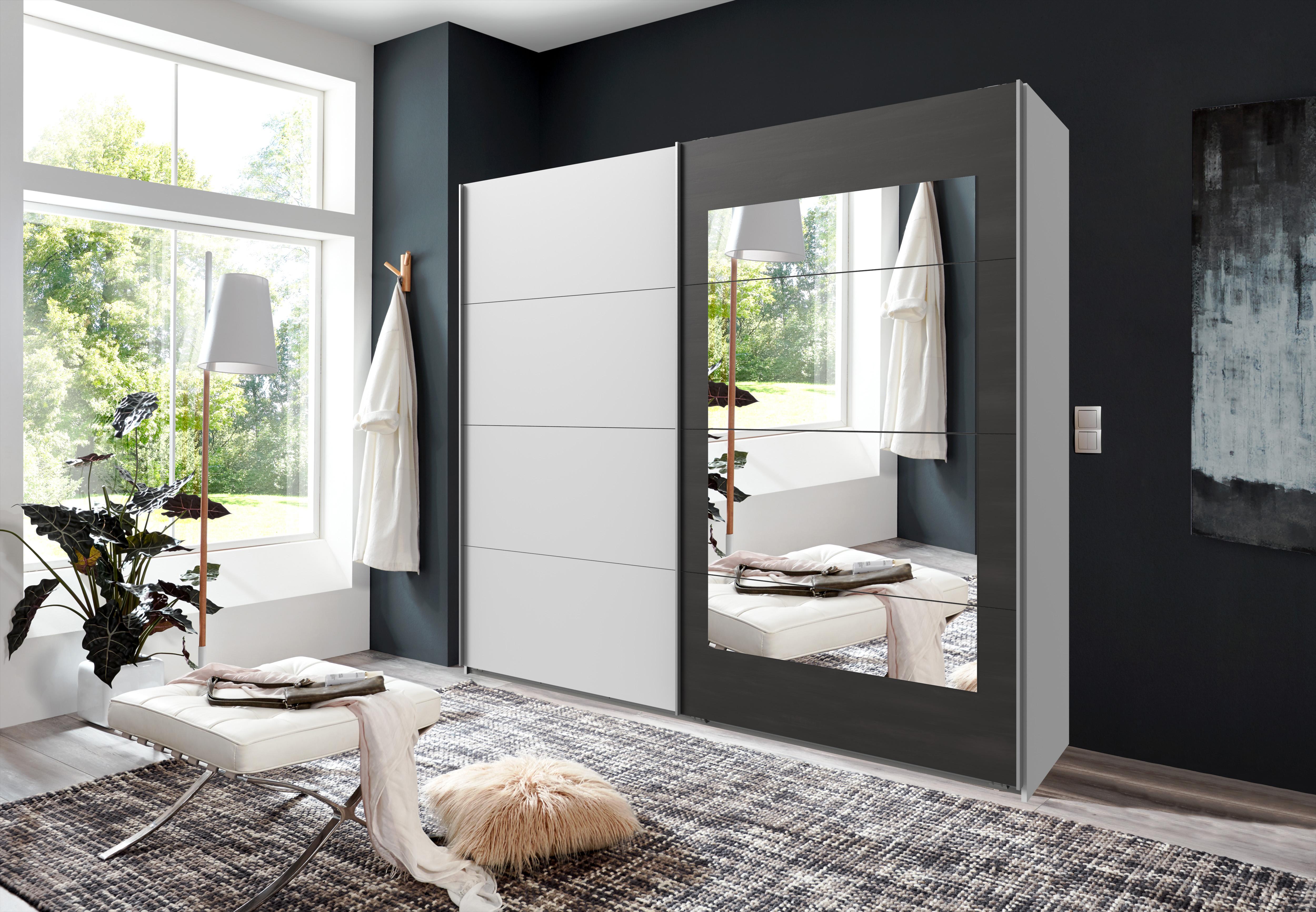 Schwebetürenschrank WIMEX "Minden", weiß (weiß, raw steel), B:225cm H:210cm T:65cm, Schränke, Schwebetürenschrank, mit Spiegel