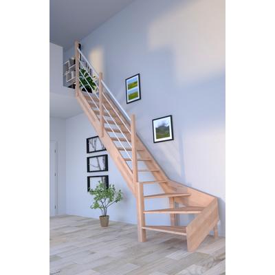 Starwood Raumspartreppe Massivholz Rhodos, Holz-Edelstahlgeländer Weiß, gewendelt Links, Durchgehende Wangenteile beige Treppen Bauen Renovieren
