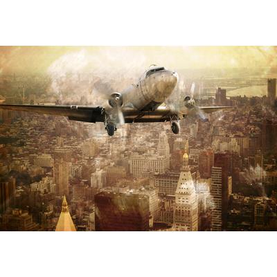 Fototapete PAPERMOON "Flugzeug über Stadt", bunt, B:5,00m L:2,80m, Vlies, Tapeten
