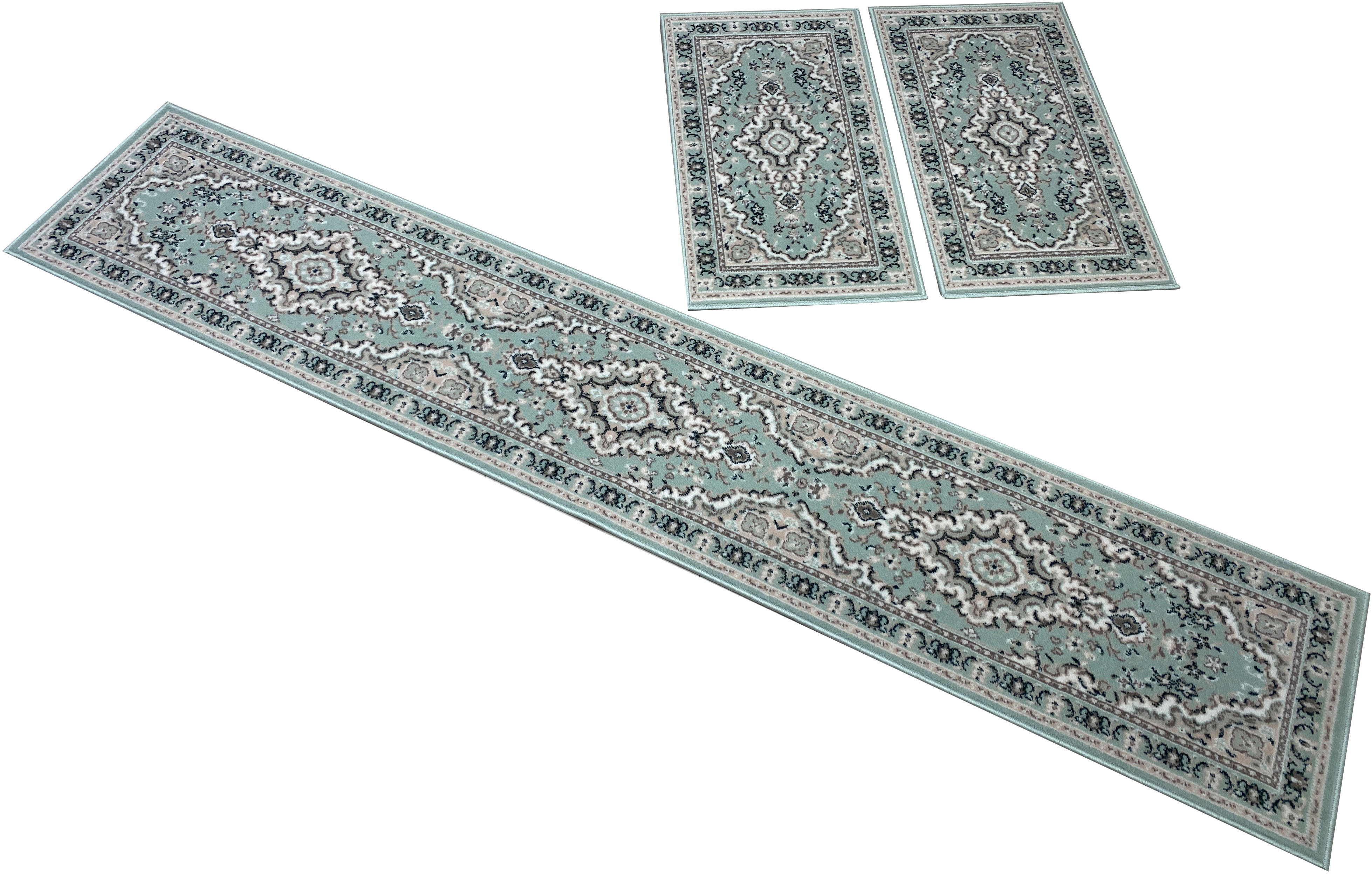 Bettumrandung MY HOME "Oriental, Made in Belgium" Gr. 14, grün, H:7mm, Obermaterial: 100% Polyester, Bettumrandungen, Läufer-Set, Kurzflor, Orient-Optik, mit Bordüre, pflegeleicht, elegant